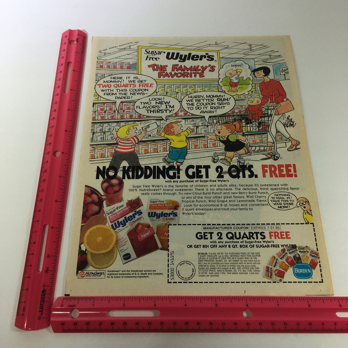 VTG Retro 1985 Family Circus Comic advertisement for Borden Sugar-Free Wyler's Fruit Juices, showcasing vibrant illustrations and a coupon for 2 quarts free. This nostalgic collectible captures the essence of 80s advertising culture.