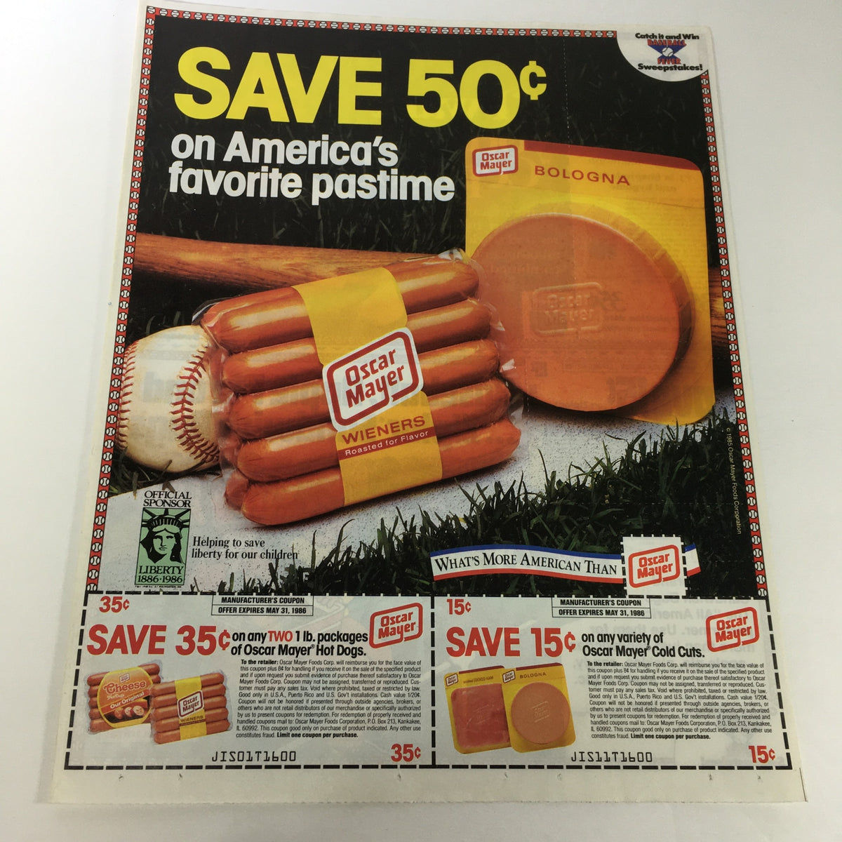 VTG Retro 1986 Oscar Mayer Hot Dogs Wieners & Bologna Cold Cuts Print Ad Coupon showcasing a vibrant advertisement featuring hot dogs, bologna, and a baseball, advertising savings on classic American food staples.