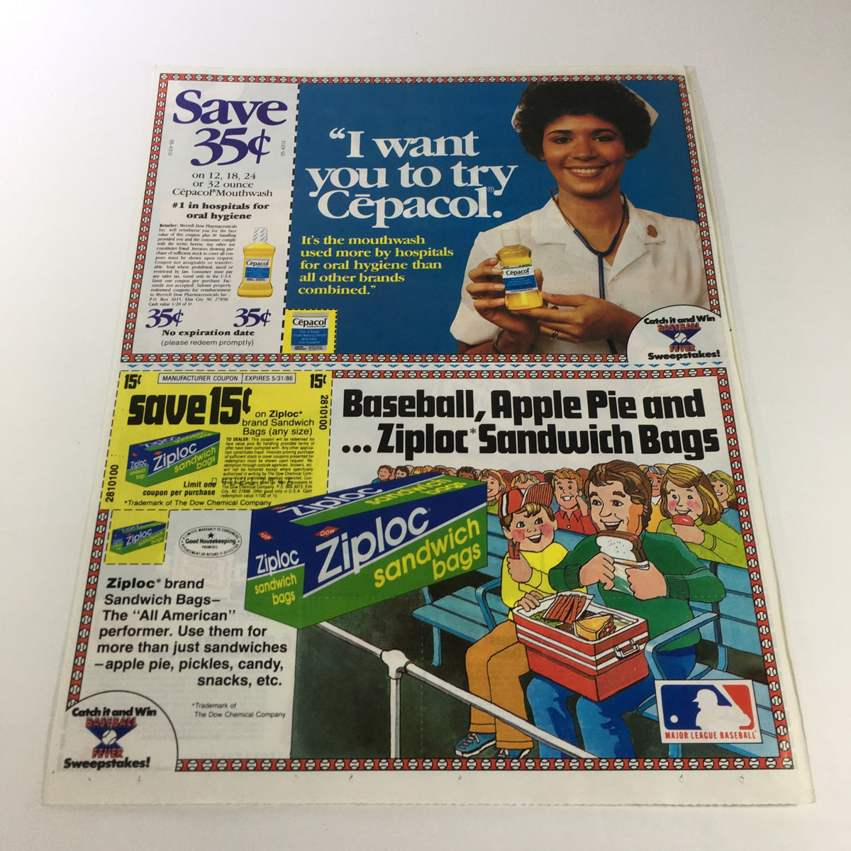 VTG Retro 1986 Oscar Mayer Hot Dogs Wieners & Bologna Cold Cuts Print Ad Coupon featuring an advertisement for Cepacol mouthwash and Ziploc sandwich bags, illustrating the distinct marketing style of the 1980s.