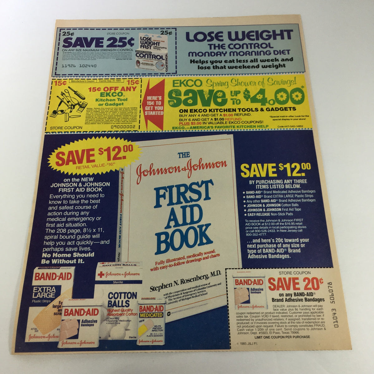 VTG Retro 1985 Old Spice Solid Original AntiPerspirant Deodorant Print Ad Coupon featuring Johnson & Johnson First Aid Book promotion with various store coupons and offers for kitchen tools. Excellent condition with a measurement of 11.4" x 8.11".