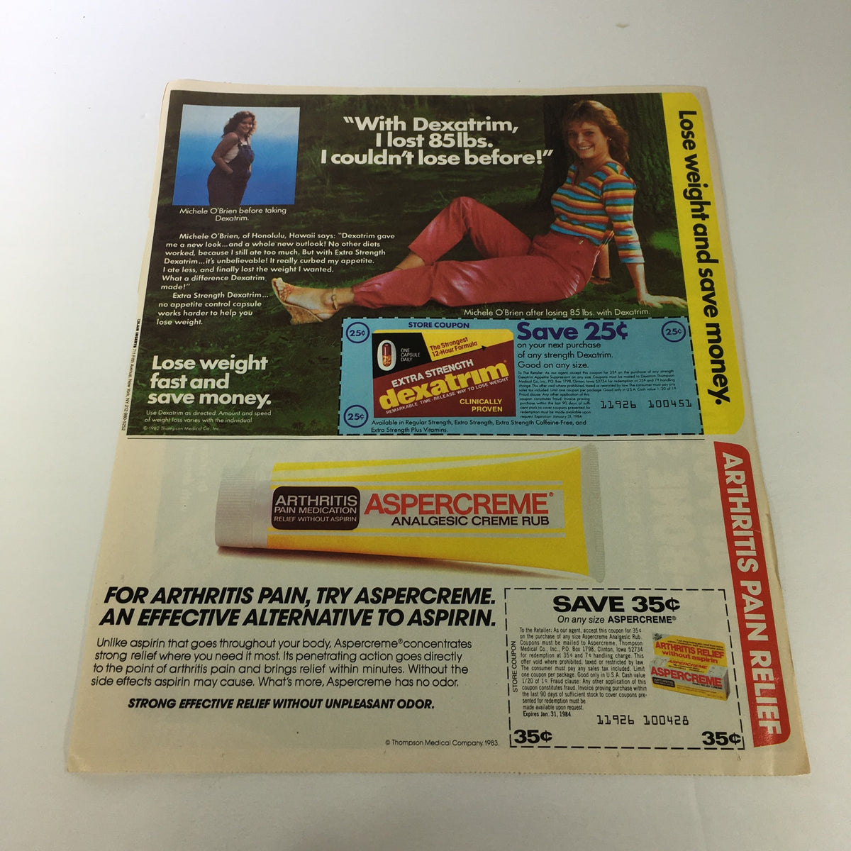 VTG Retro 1983 Ponderosa T-Bone Steak Sirloin Value Meal Print Ad Coupon back side, showcasing a weight loss ad for Dexatrim and an Aspercreme arthritis relief product, with a coupon section for savings.