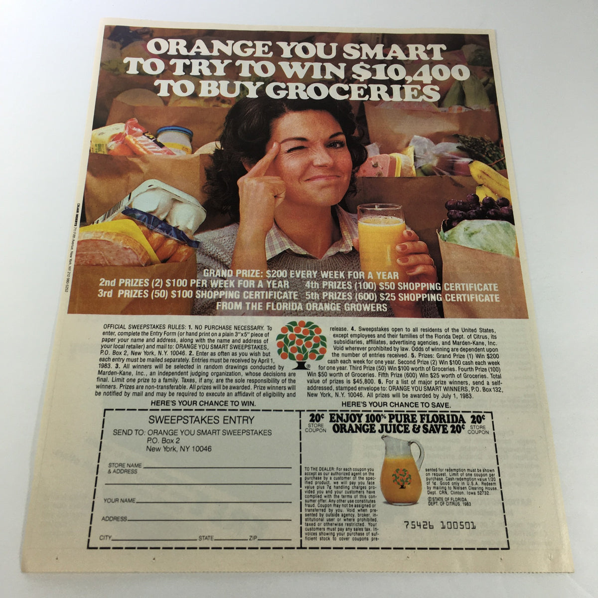 Vintage print advertisement for VTG Retro 1983 Pure Florida Orange Juice, featuring a woman holding a glass and promoting a sweepstakes to win groceries. Includes a coupon entry form and details about prizes.