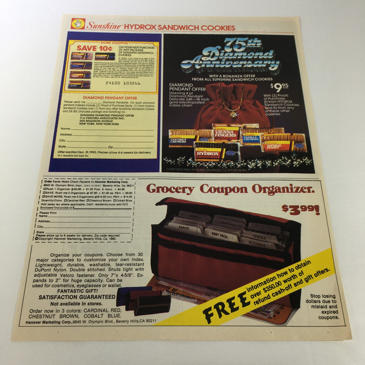 Vintage advertisement featuring the 75th Anniversary of Sunshine Hydrox Sandwich Cookies, showcasing a coupon offer and grocery organizer. VTG Retro 1983 Pure Florida Orange Juice & Sweepstakes Entry Print Ad Coupon.