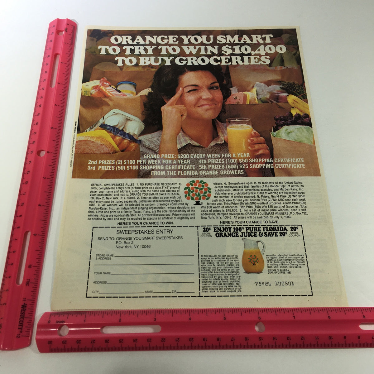 Retro advertisement promoting Florida Orange Juice with a sweepstakes to win grocery prizes. VTG Retro 1983 Pure Florida Orange Juice & Sweepstakes Entry Print Ad Coupon.