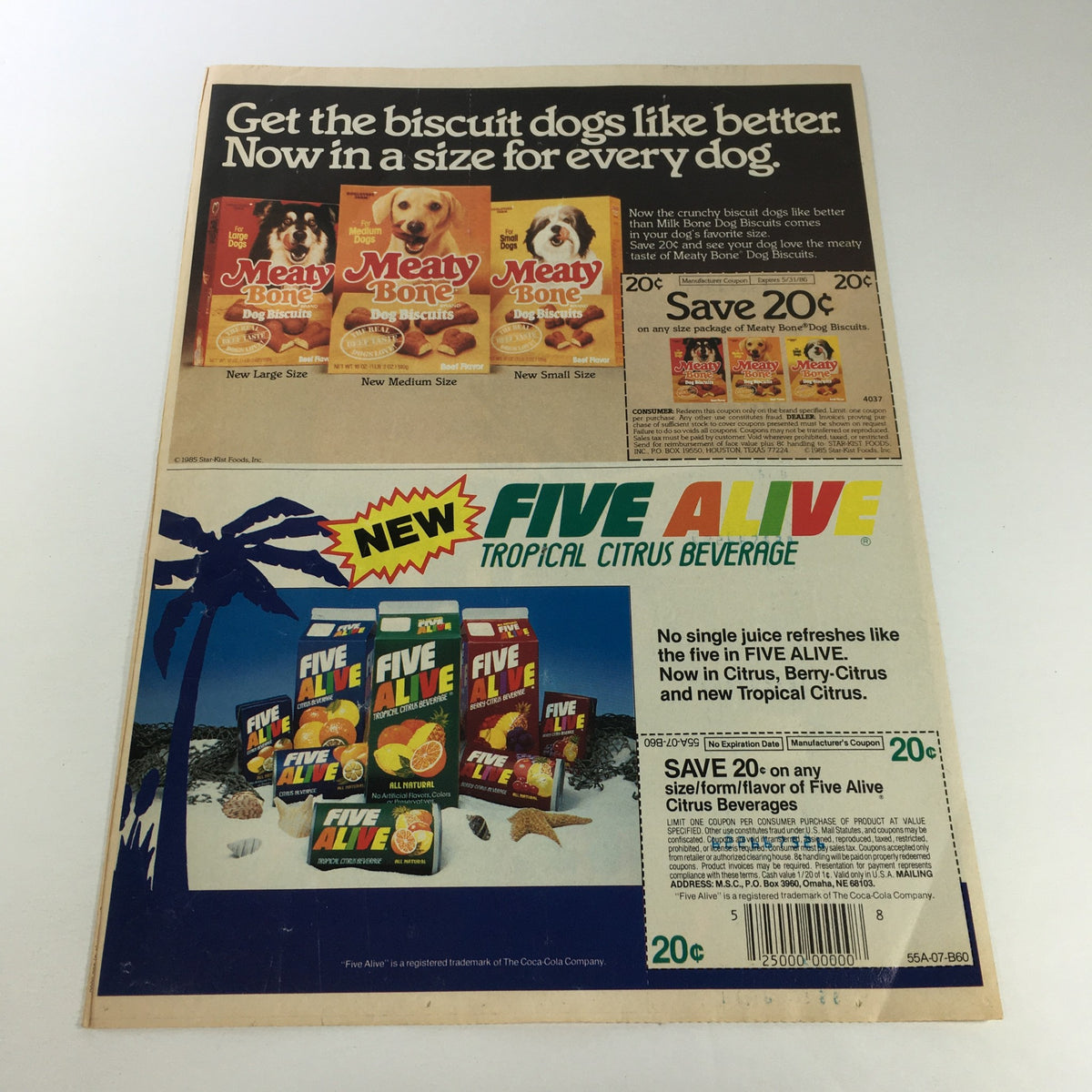 VTG Retro 1986 Meaty Bone Dog Biscuits & Five Alive Beverage Print Ad Coupon featuring Meaty Bone dog biscuits and Five Alive Tropical Citrus Beverage advertisements alongside pricing details.