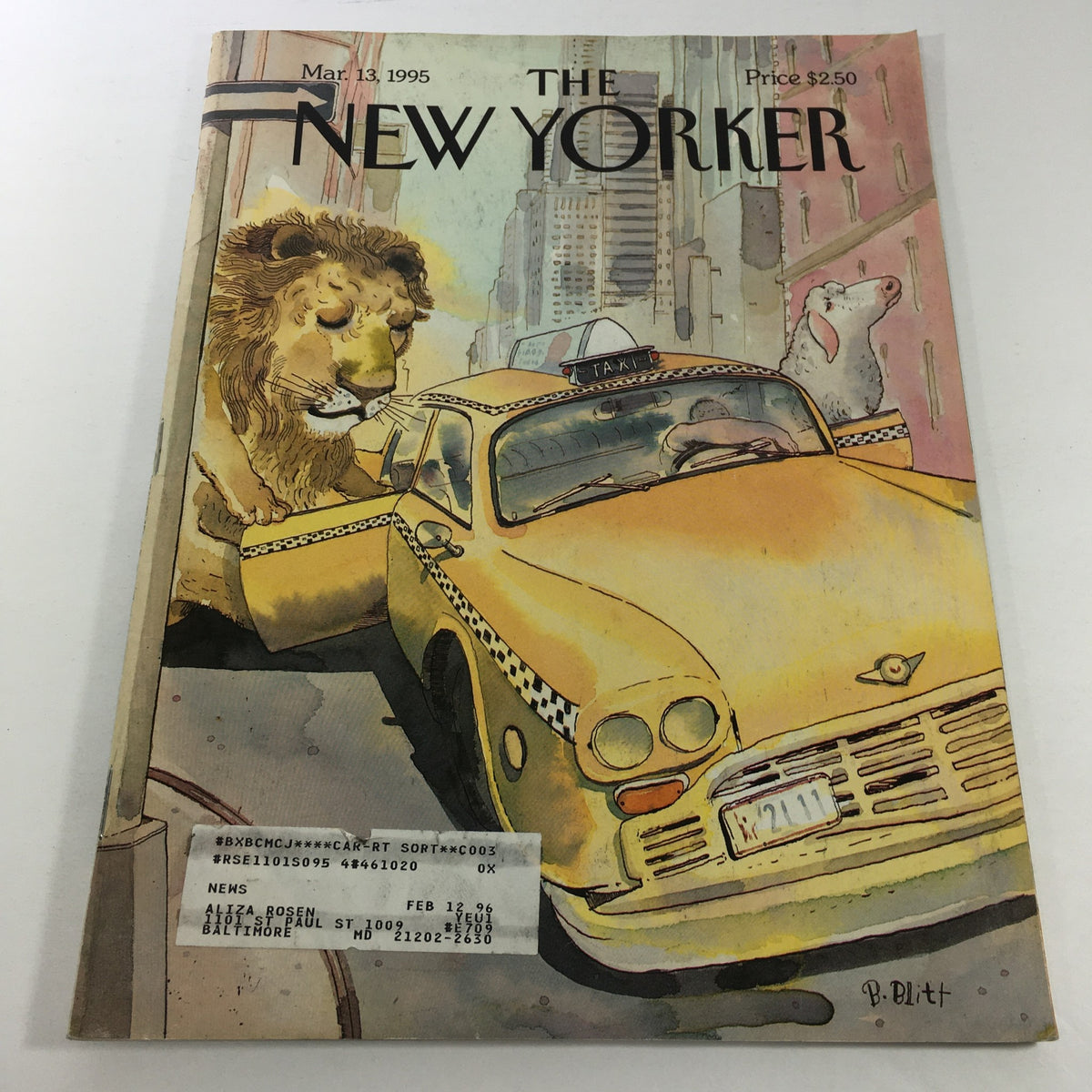 VTG The New Yorker Magazine March 13 1995 cover featuring a humorous illustration by Barry Blitt, depicting a lion and a bear interacting with a yellow taxi in a citysetting.
