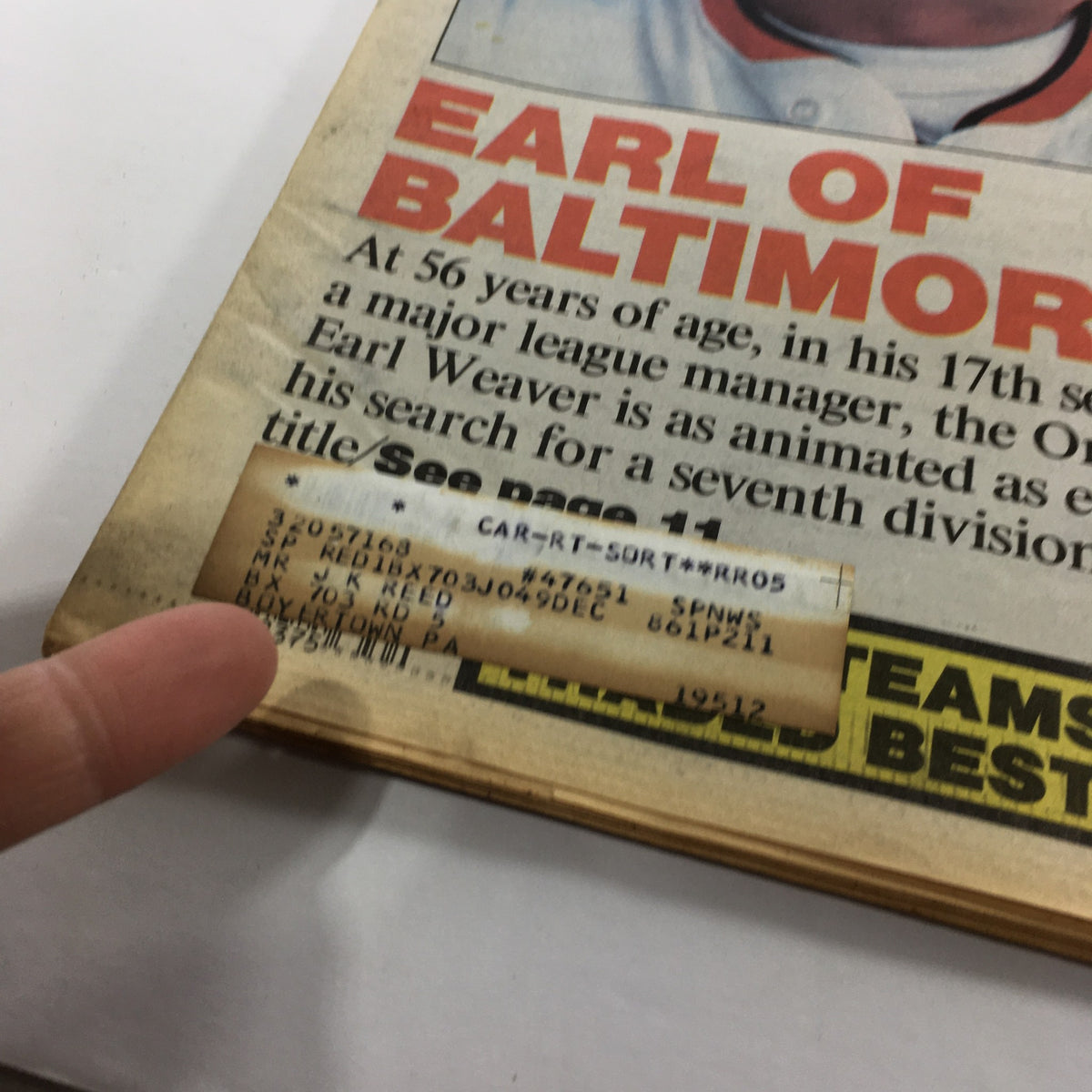 Close-up of the address label on the August 25 1986 edition of The Sporting News, featuring Earl Weaver and Tommy Lasorda.
