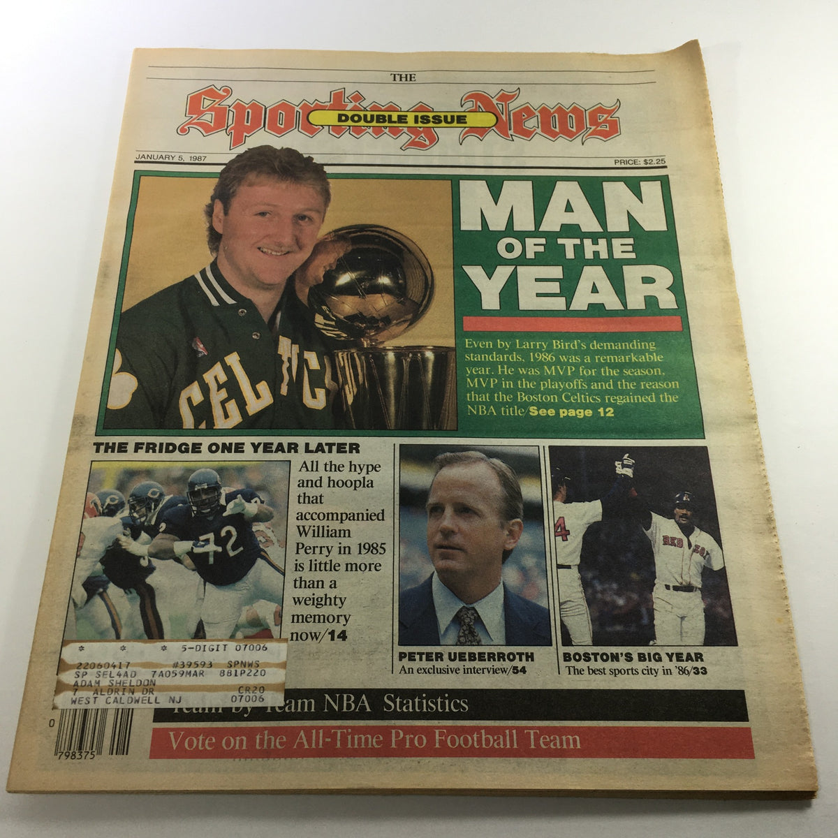 VTG The Sporting News January 5 1987 featuring NBA's Celtics' Larry Bird as Man of the Year, showcasing the iconic cover with a trophy and sports highlights.