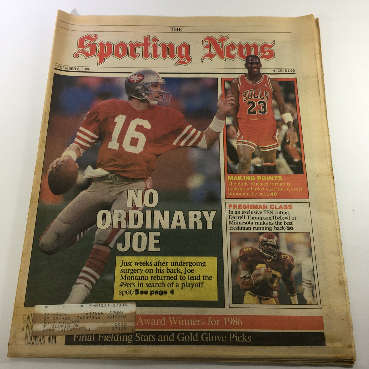 VTG The Sporting News December 8 1986 cover featuring NBA's Chicago Bulls' Michael Jordan alongside a headline about Joe Montana's return to the 49ers.