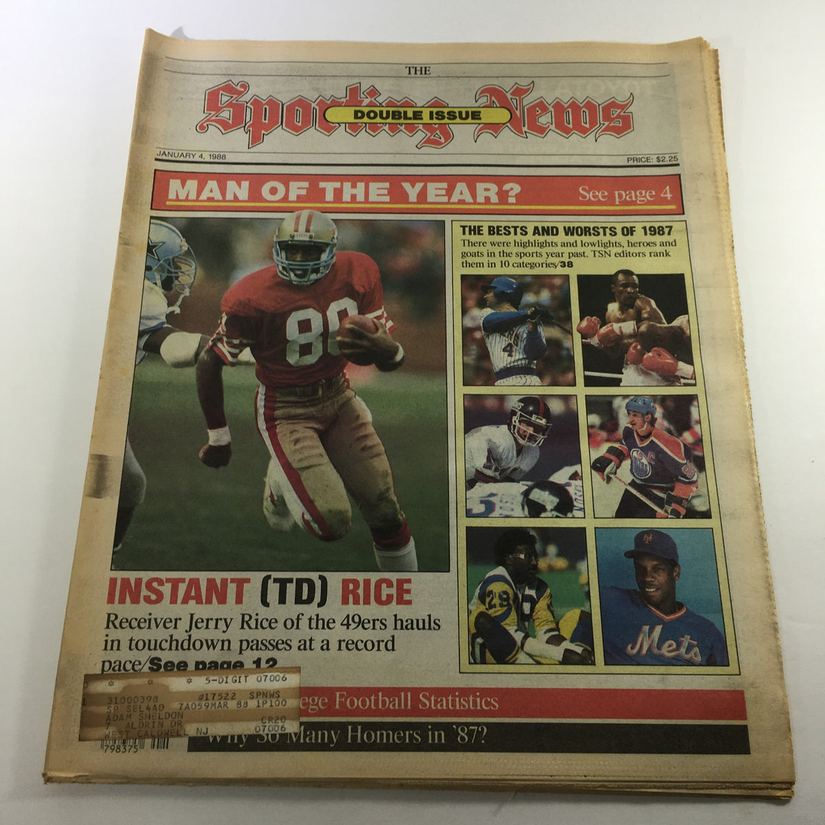 Cover of VTG The Sporting News January 4 1988 - NFL Jerry Rice / Special Double Issue featuring Jerry Rice in action and images of notable athletes. Highlights the title 'MAN OF THE YEAR' and statistics section.