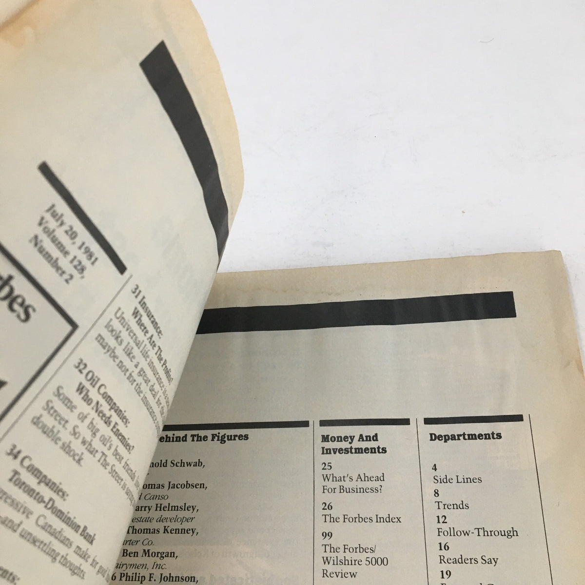 Inside page of Forbes Magazine July 20, 1981, displaying the table of contents with sections on business and investments, reflecting the magazine's focus on economic insights from that era.