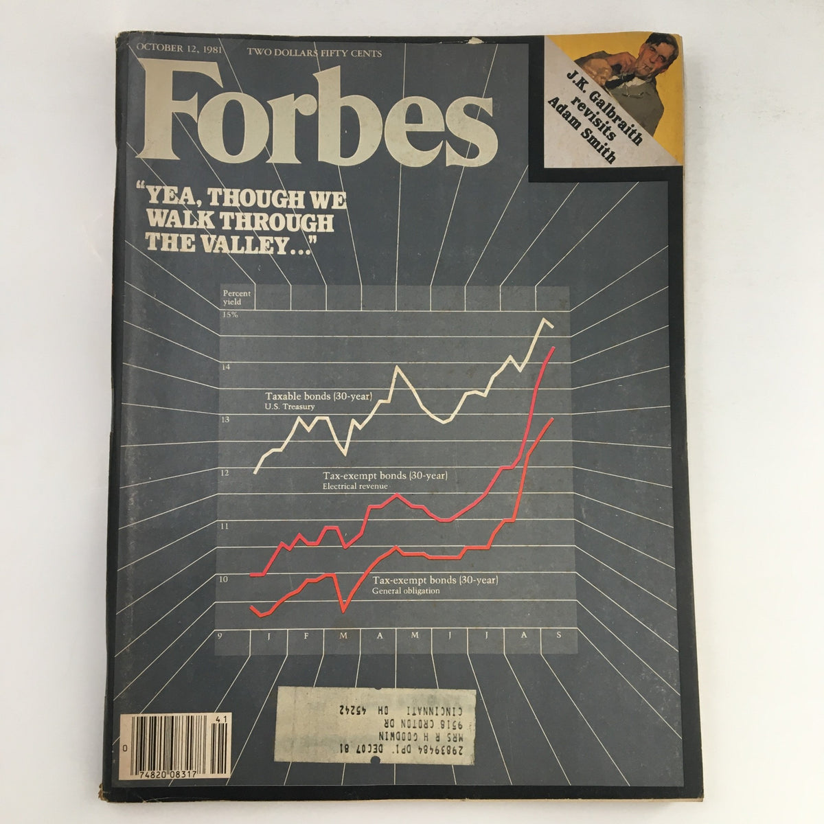 Cover of Forbes Magazine dated October 12, 1981, featuring an article by J.K. Galbraith revisiting Adam Smith and graphs of taxable and tax-exempt bonds.