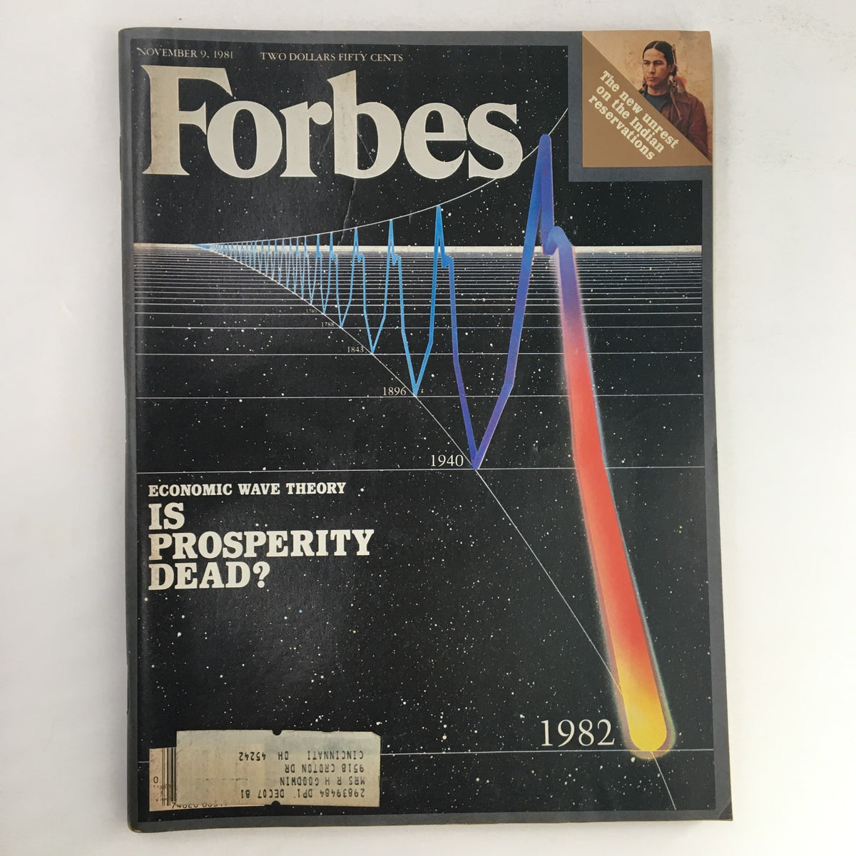 Forbes Magazine cover from November 9, 1981 featuring the title 'Economic Wave Theory: Is Prosperity Dead?', showcasing a graphical representation of economic trends with peaks and troughs, set against a starry background, highlighting the magazine's exploration of economic theory and historical context.