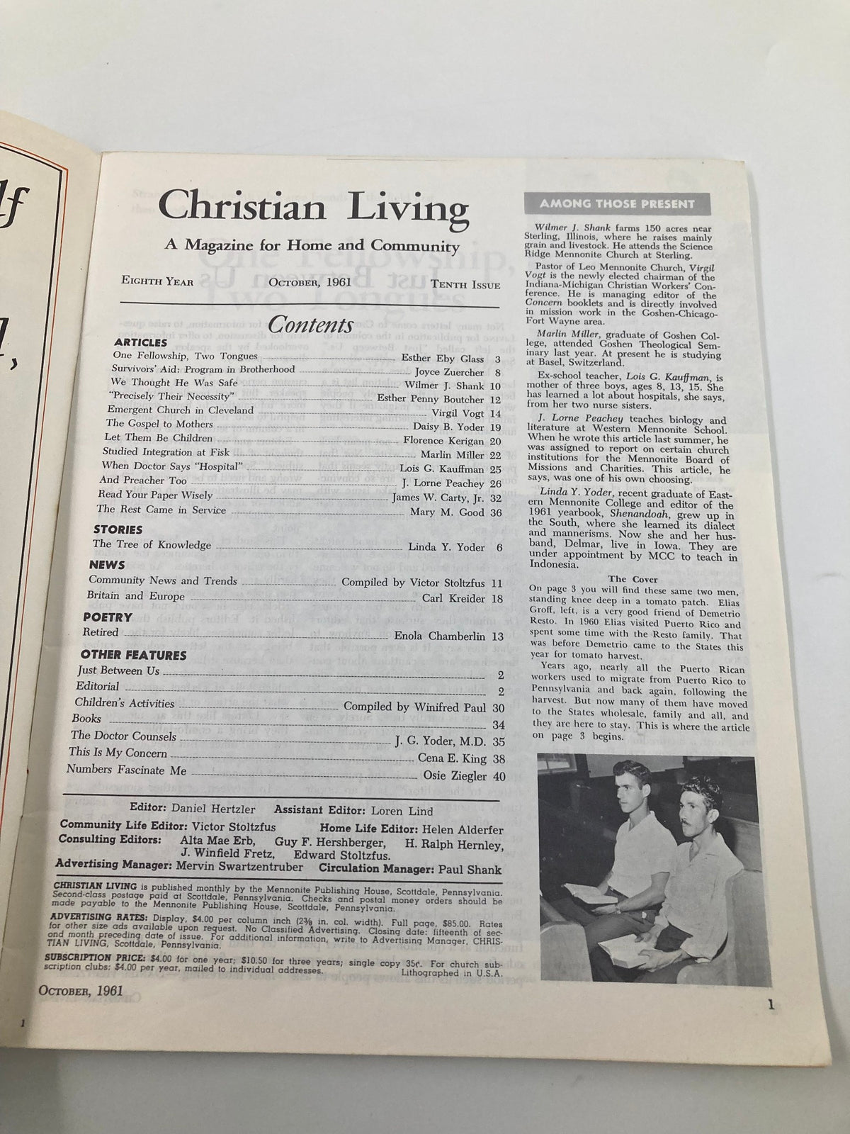 Inside page of VTG Christian Living Magazine October 1961 displaying the table of contents, highlighting various articles and features related to faith and community.