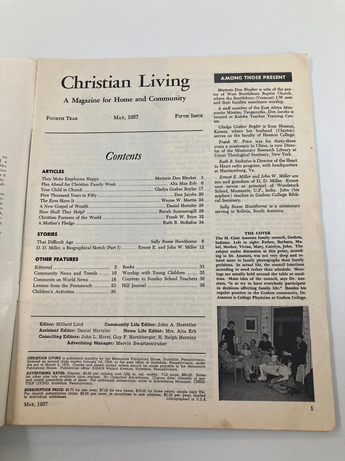 Contents page of VTG Christian Living Magazine May 1957, outlining articles and features focusing on Christian family values, community insights, and educational content.