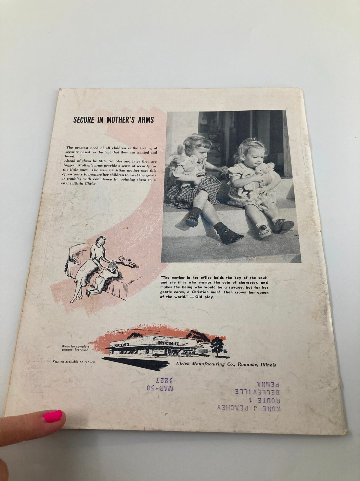 Back cover of VTG Christian Living Magazine May 1957, showcasing an advertisement and text about securing children's faith and well-being, with images of children playing.