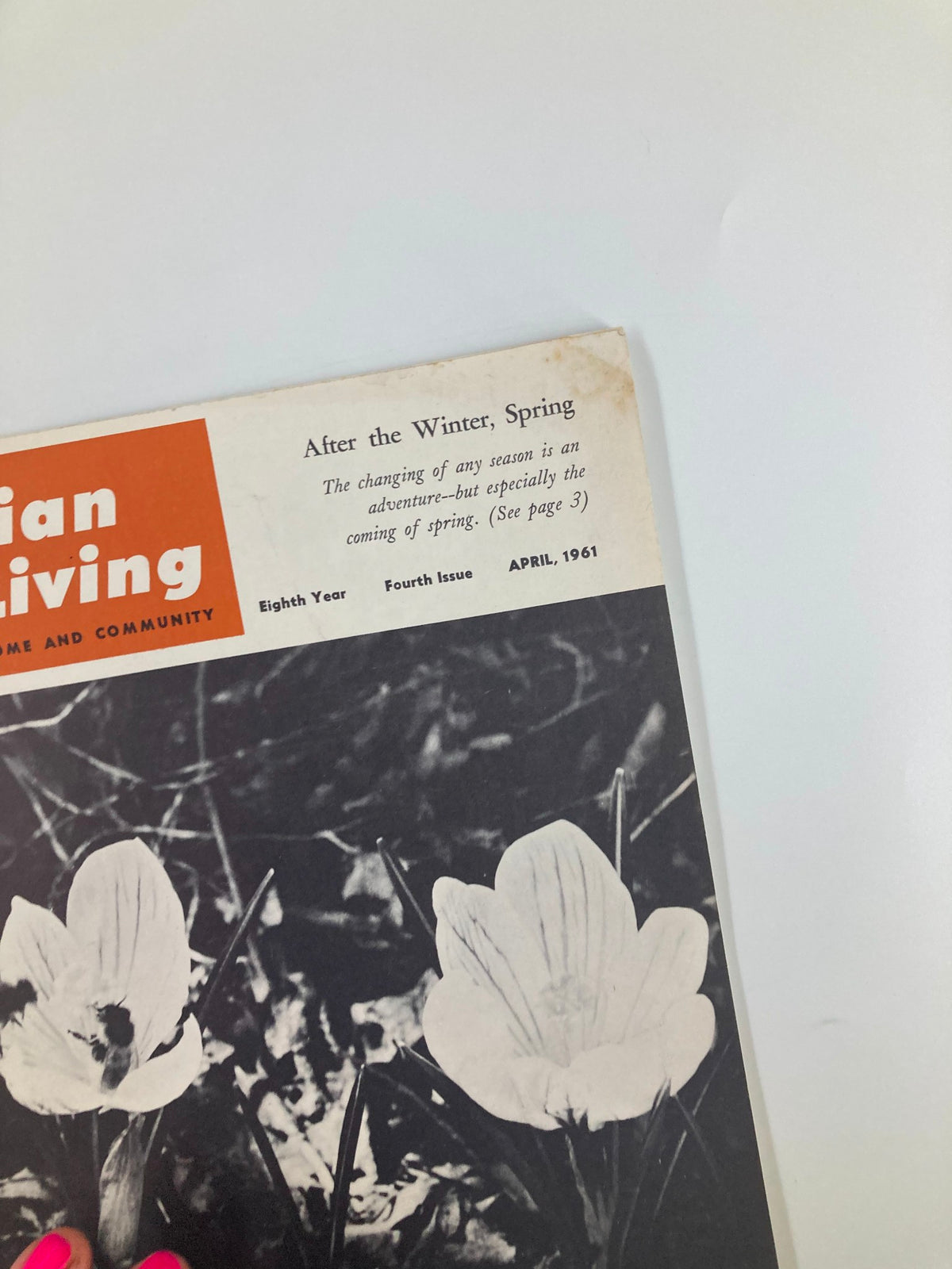 Close-up view of the cover of VTG Christian Living Magazine April 1961, emphasizing the title 'After The Winter, Spring'.