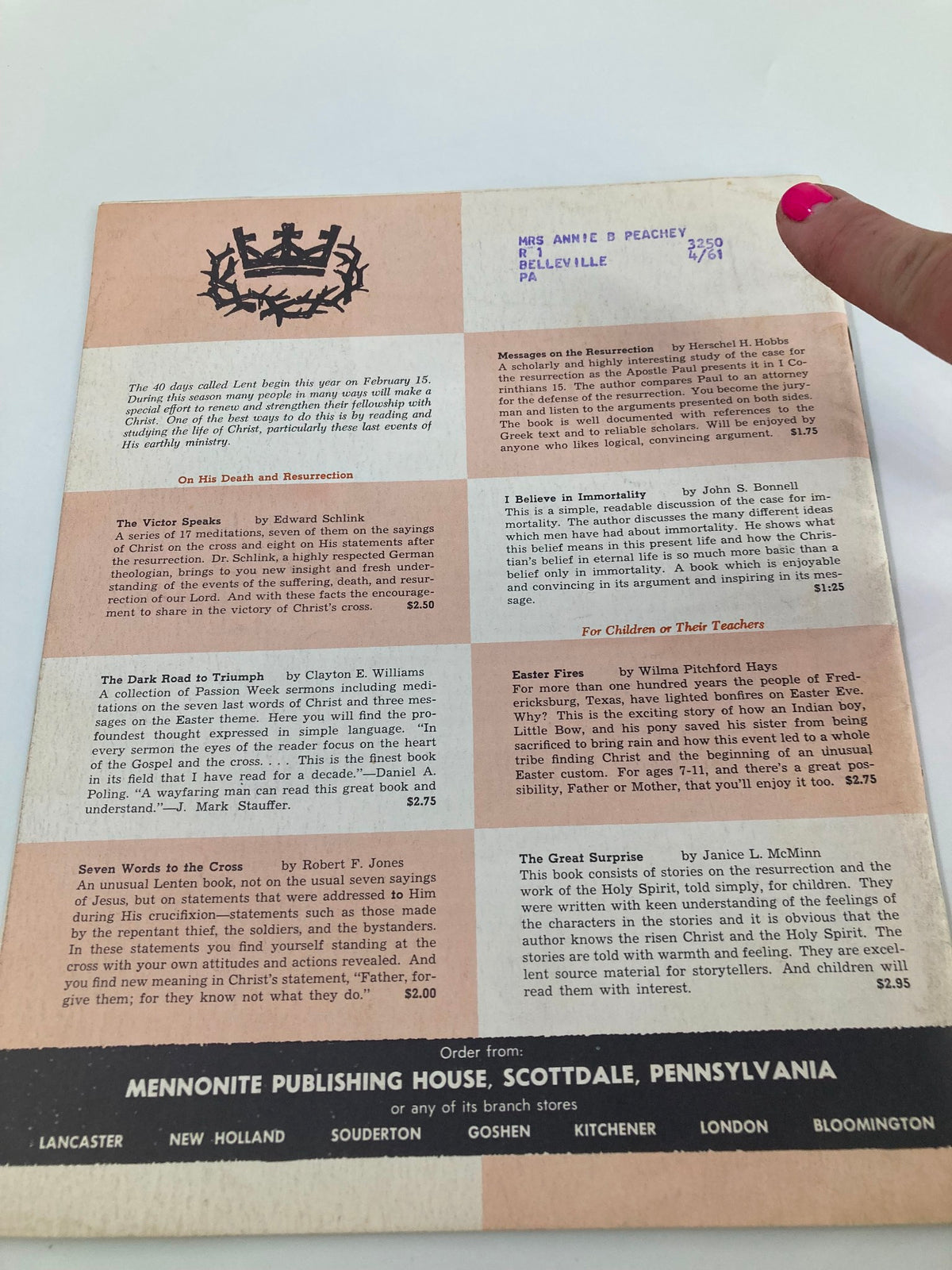 Back cover of the February 1961 issue of VTG Christian Living Magazine featuring articles on Christian teachings and musical development in children. Includes details about contributors, pricing, and an order form for Mennonite Publishing House.
