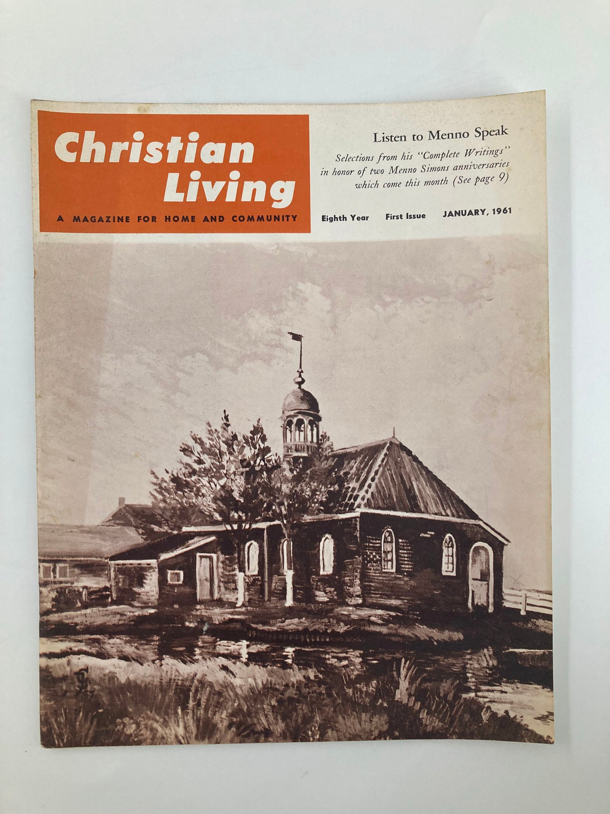 Cover of VTG Christian Living Magazine January 1961 featuring a church illustration in honor of Menno Simons.