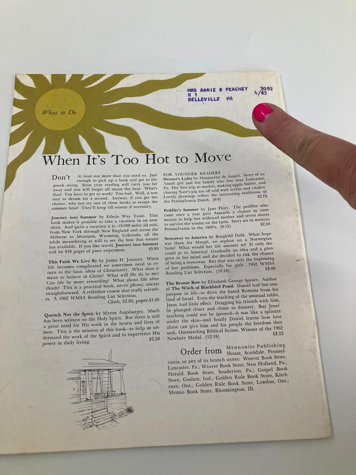 Back cover of the VTG Christian Living Magazine May 1962 featuring an illustration and a handwritten address label, with a section called 'When It's Too Hot to Move' discussing vacation ideas and summer reading.