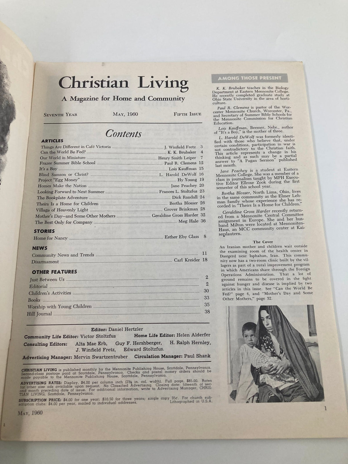 Contents page of VTG Christian Living Magazine May 1960, highlighting various articles and topics including 'Can the World Be Fed?'