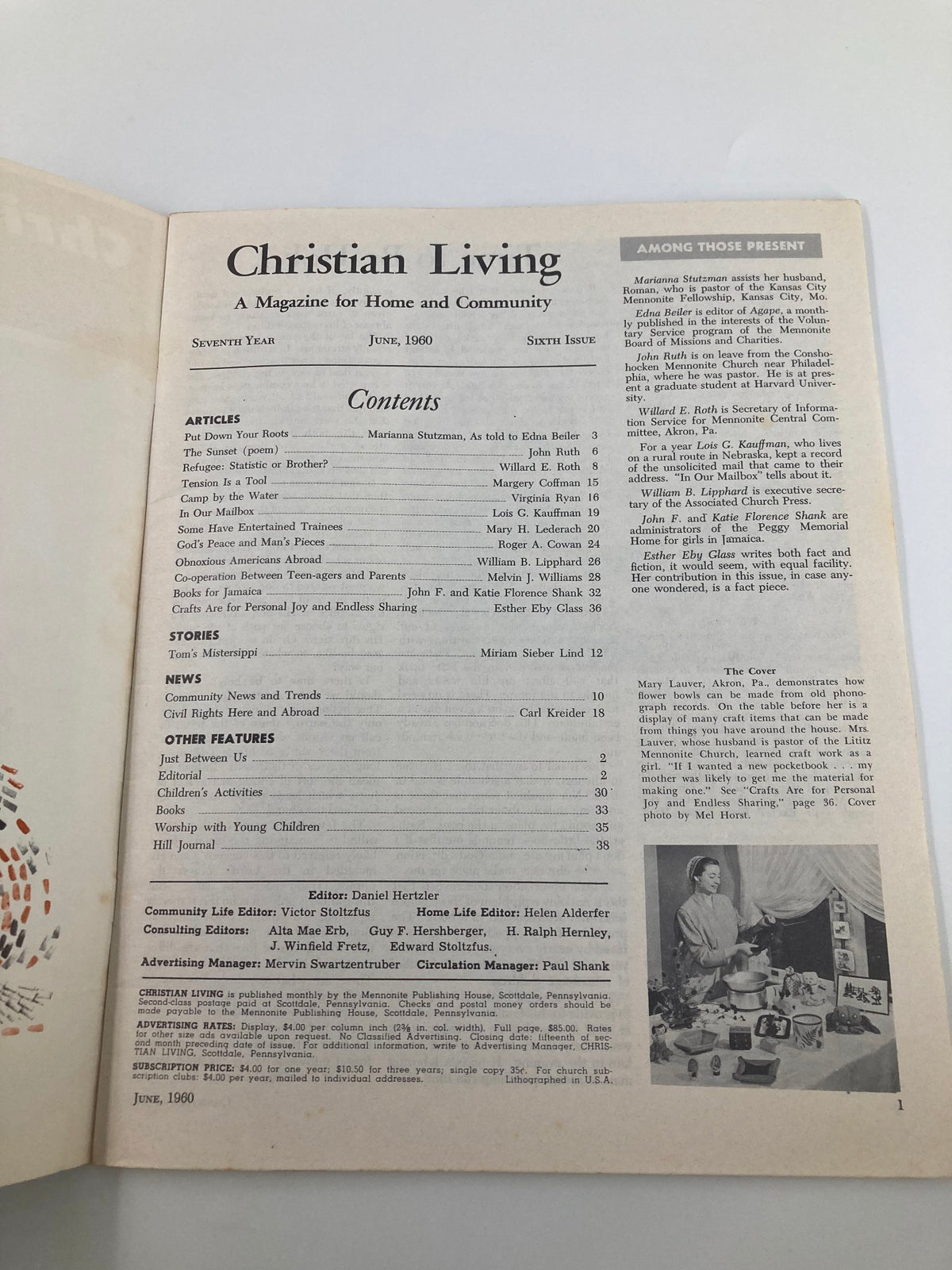 Contents page of VTG Christian Living Magazine June 1960, listing articles and features, including 'Crafts Are for Personal Joy and Endless Sharing.'