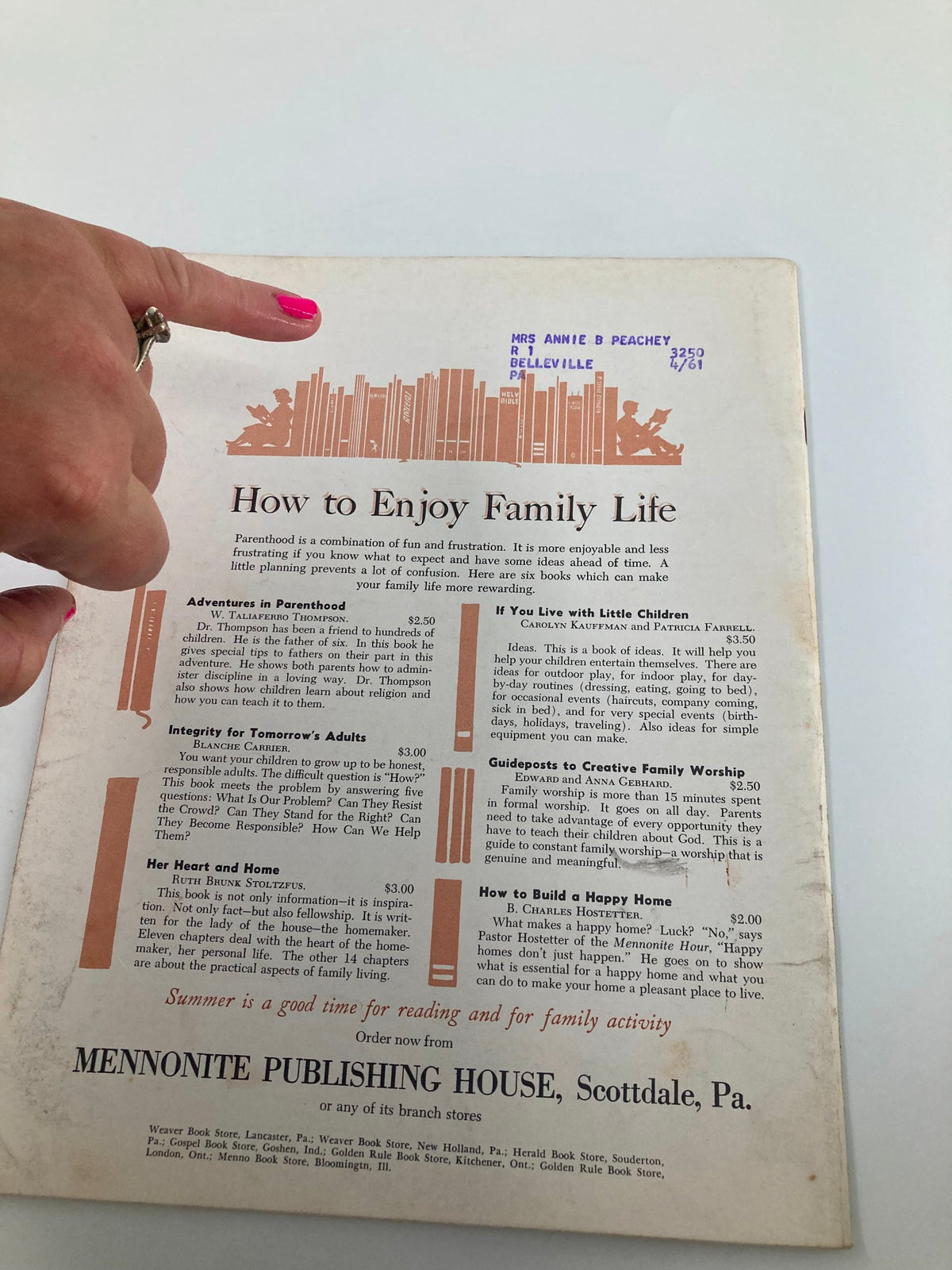 Back cover of VTG Christian Living Magazine June 1960 displaying book ordering information and advertisements, capturing the essence of family life and creativity.