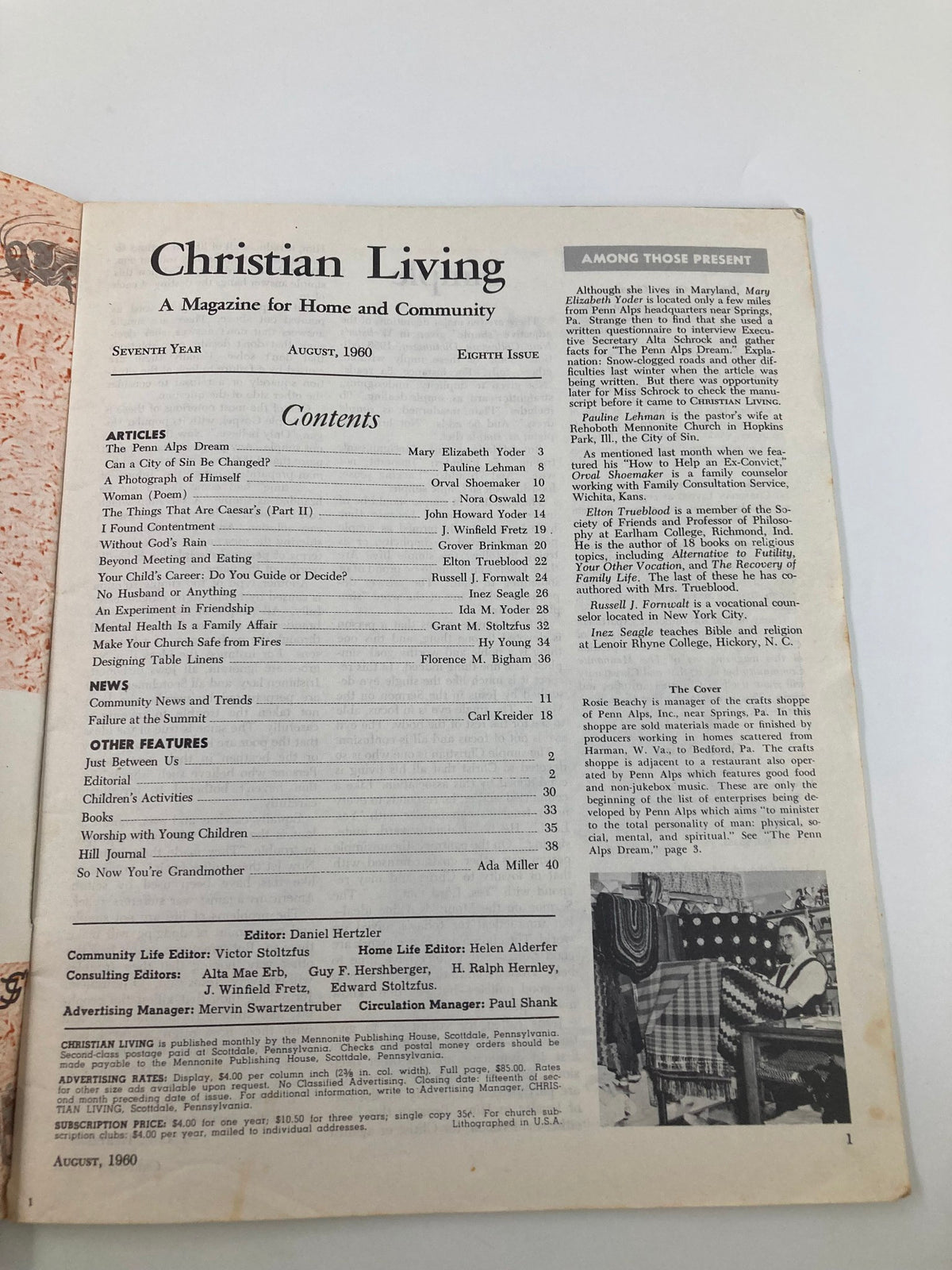 Inside contents page of VTG Christian Living Magazine August 1960, displaying article titles and features including 'The Penn Alps Dream'.
