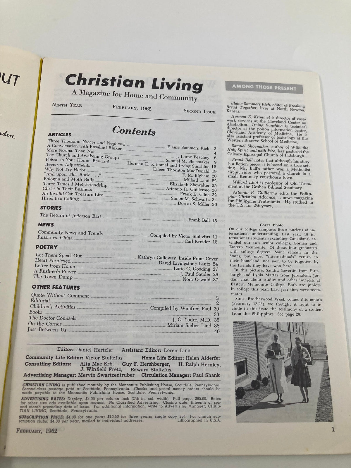 Contents page of VTG Christian Living Magazine February 1962, listing articles and features including 'Three Times I Met Friendship'.
