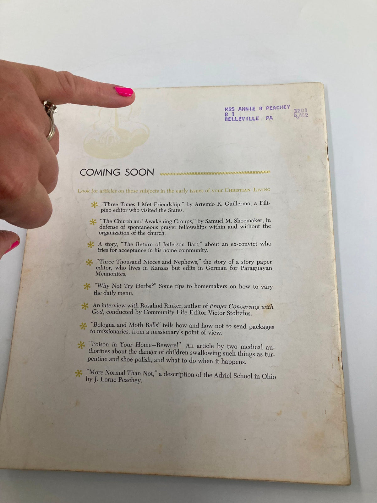Back cover of VTG Christian Living Magazine January 1962, displaying promotional articles and featuring a handwritten address.