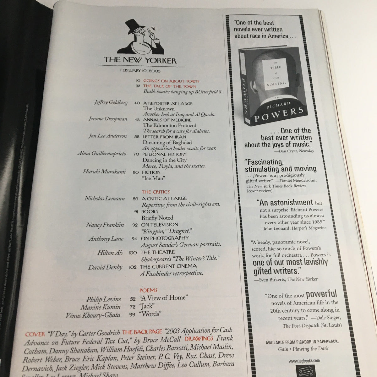 The New Yorker Full Magazine February 10 2003 interior page showcasing the table of contents with various literary contributions, highlighting a feature on Richard Powers.