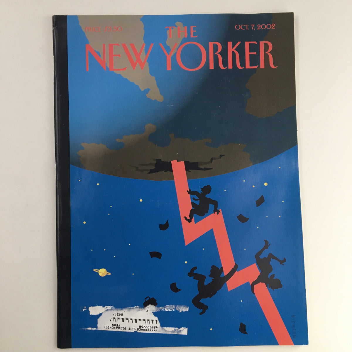 The New Yorker Full Magazine October 7 2002 featuring an artistic cover illustration by Christoph Niemann, depicting a dramatic scene with figures against a blue background and a red zigzag line.