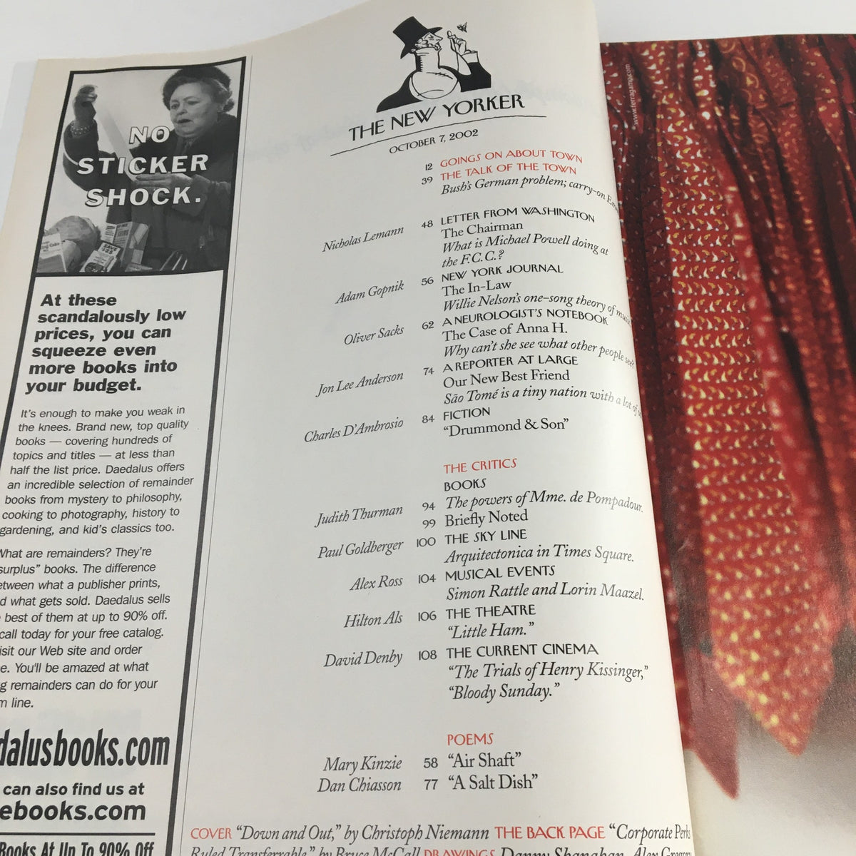 The New Yorker Full Magazine October 7 2002 inside page showcasing a table of contents with various article titles and contributors, reflecting the magazine's diverse literary offerings.