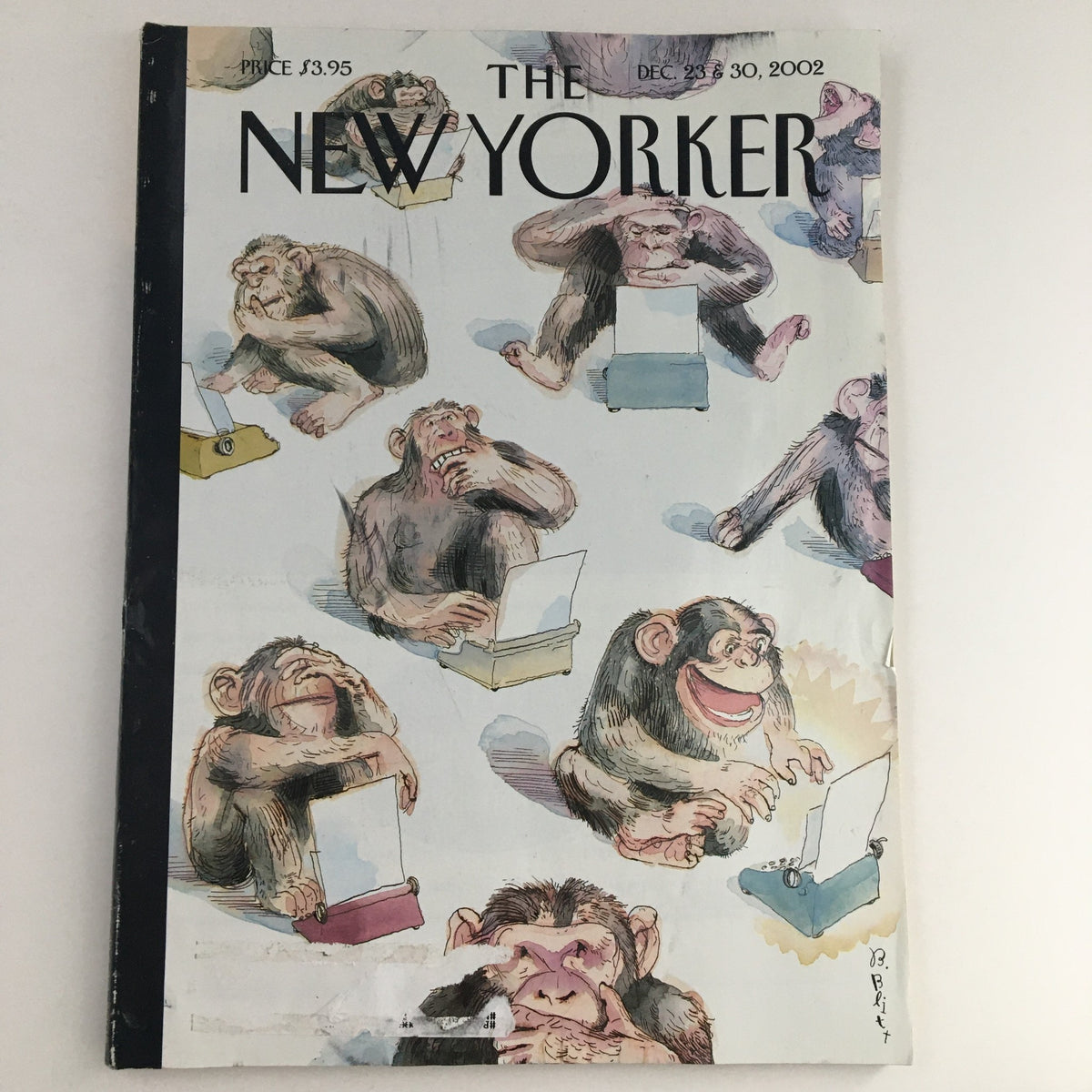 The New Yorker December 23 2002 Full Magazine Theme Cover by Barry Blitt featuring playful illustrations of chimpanzees engaged with typewriters, showcasing Barry Blitt's artistic style.