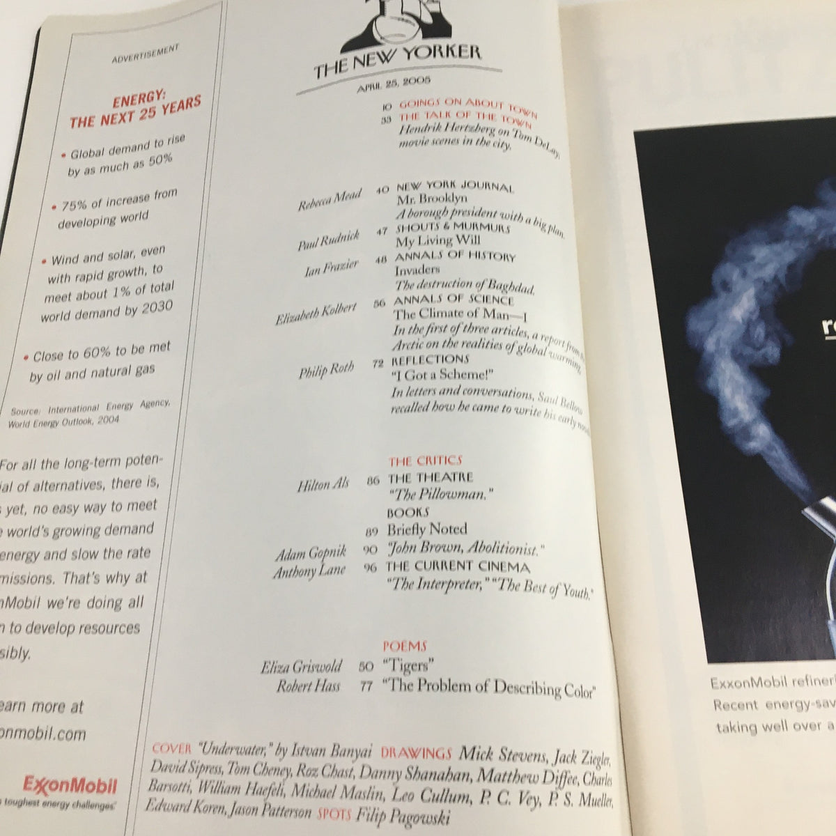 Inside page of The New Yorker Full Magazine April 25, 2005 showcasing the Table of Contents including various articles and sections.