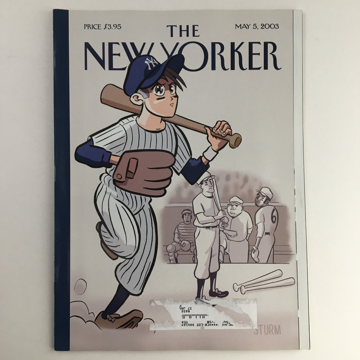The New Yorker full magazine cover from May 5, 2003, featuring the title "The New Left Fielder" by James Sturm, showcasing an illustration of a baseball player with a bat.