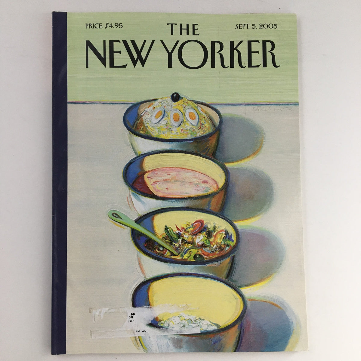 Cover of The New Yorker September 5, 2005 issue featuring a colorful illustration of bowls, designed by Peter de Sève. This vintage magazine is a valuable collector's item.