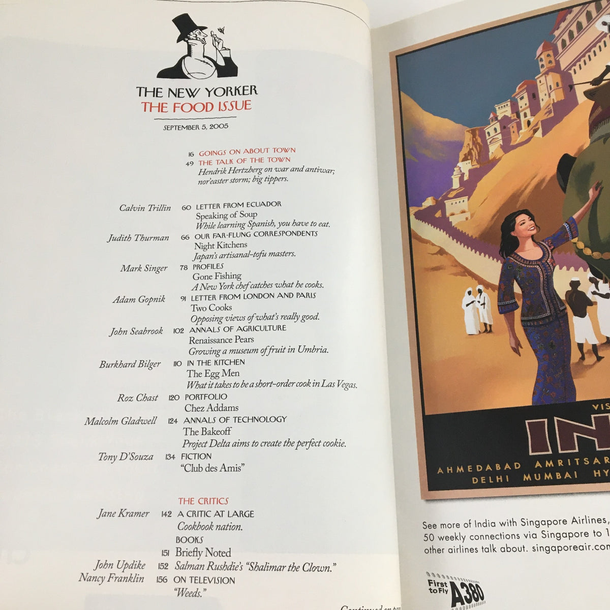 Interior page of The New Yorker September 5, 2005 issue showcasing the Table of Contents with the theme 'The Food Issue', featuring various article titles and illustrations.