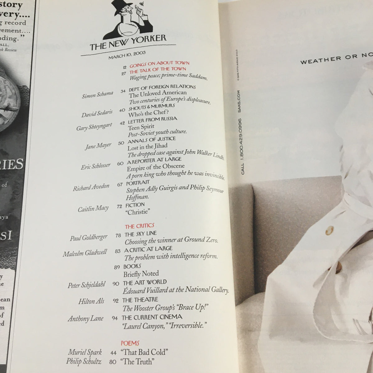 Interior page of The New Yorker magazine from March 10, 2003, featuring articles and headings, highlighting the publication's sophisticated journalism and cultural commentary, titled 'The New Yorker March 10 2003 Full Magazine Theme Cover by Mark Ulriksen VG.