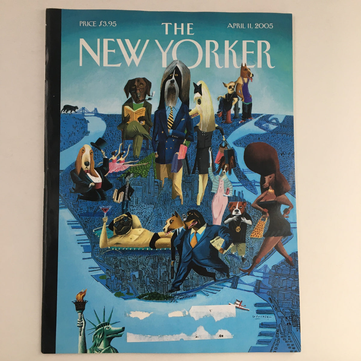 The New Yorker magazine cover from April 11, 2005, featuring the vibrant illustration "City of Dogs" by Mark Ulriksen, showcasing a whimsical urban scene with dogs and people.