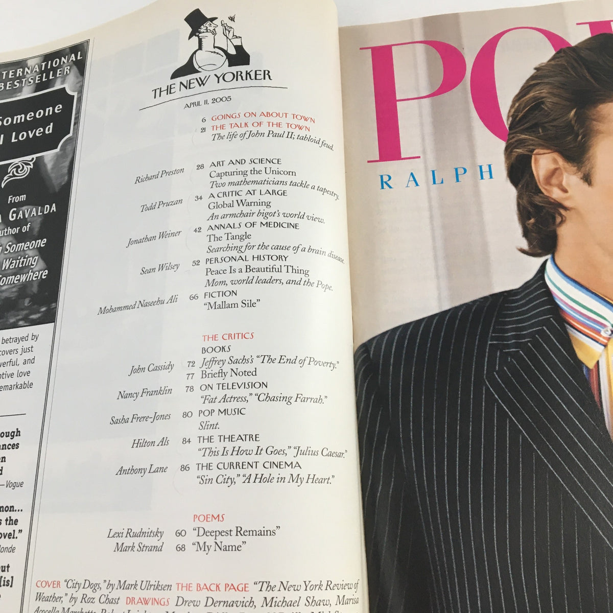 Contents page of The New Yorker Full Magazine April 11 2005 featuring articles, critics, and poems, showcasing the magazine's diversity in literary content.
