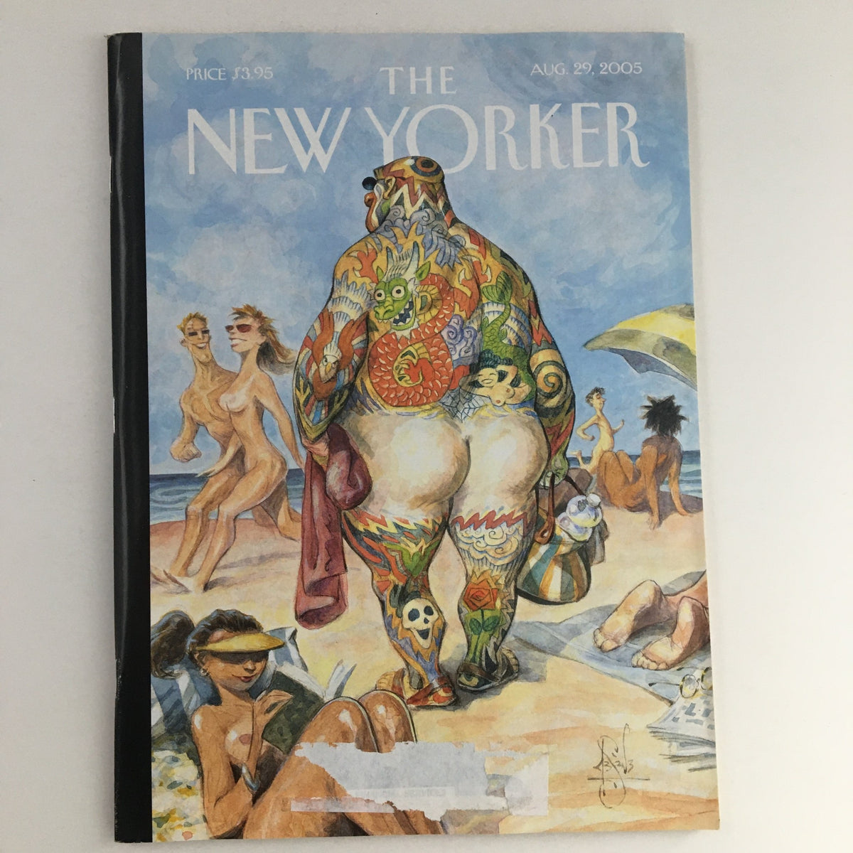 Cover of The New Yorker Full Magazine August 29, 2005, featuring the whimsical illustration 'Beach Bum' by Peter de Sève, showcasing a beach scene with a colorful, tattooed character.