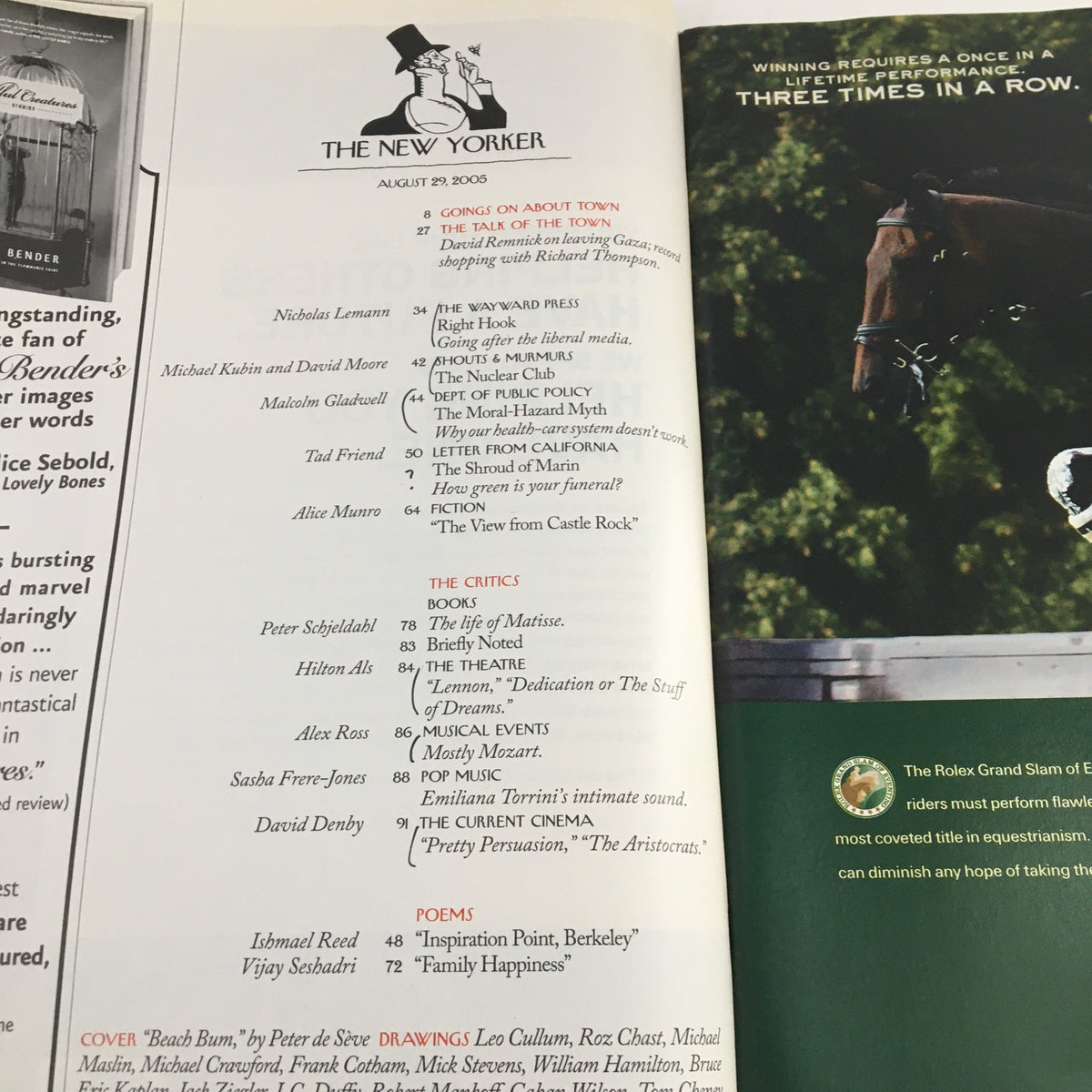 Inside view of The New Yorker Full Magazine August 29, 2005, displaying the table of contents with article listings and features from the issue.