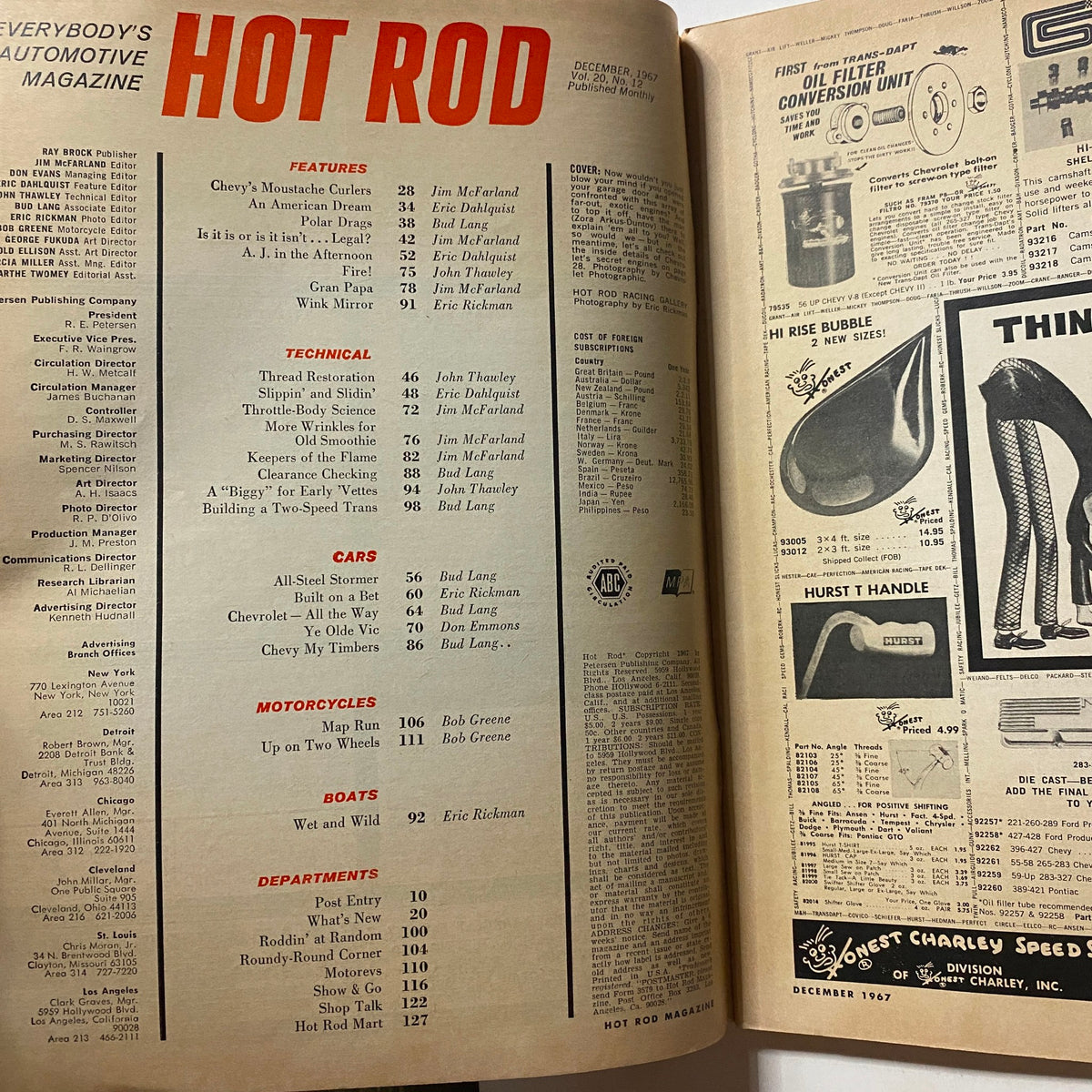 Inside page of VTG Hot Rod Magazine December 1967, displaying the table of contents and featured articles related to automotive engineering.