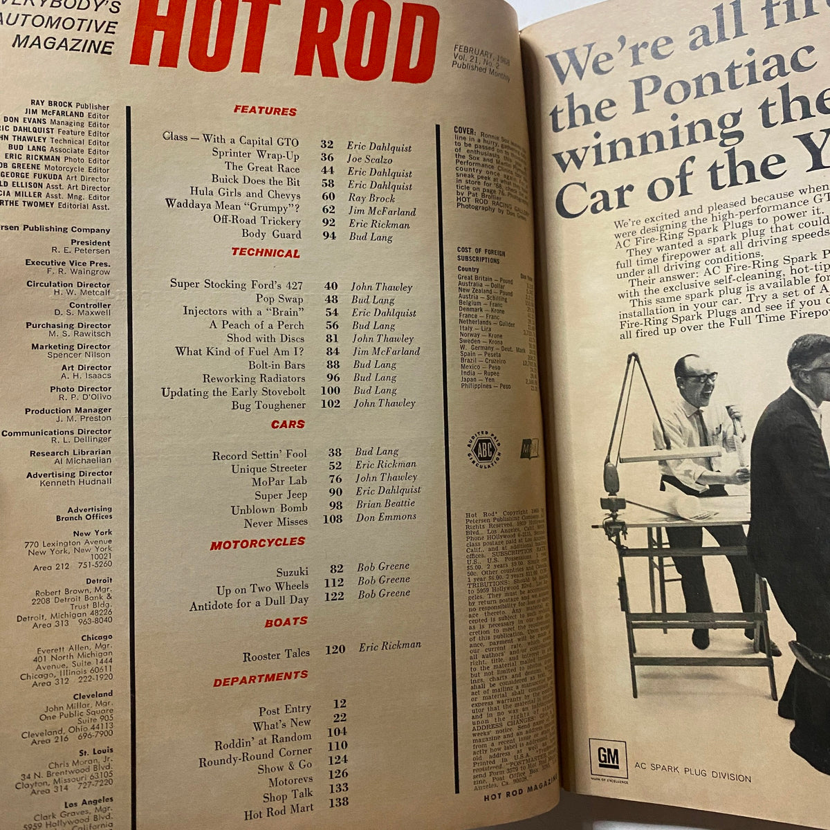 Interior page of VTG Hot Rod Magazine February 1968 displaying the table of contents and featured articles related to automotive culture and performance.
