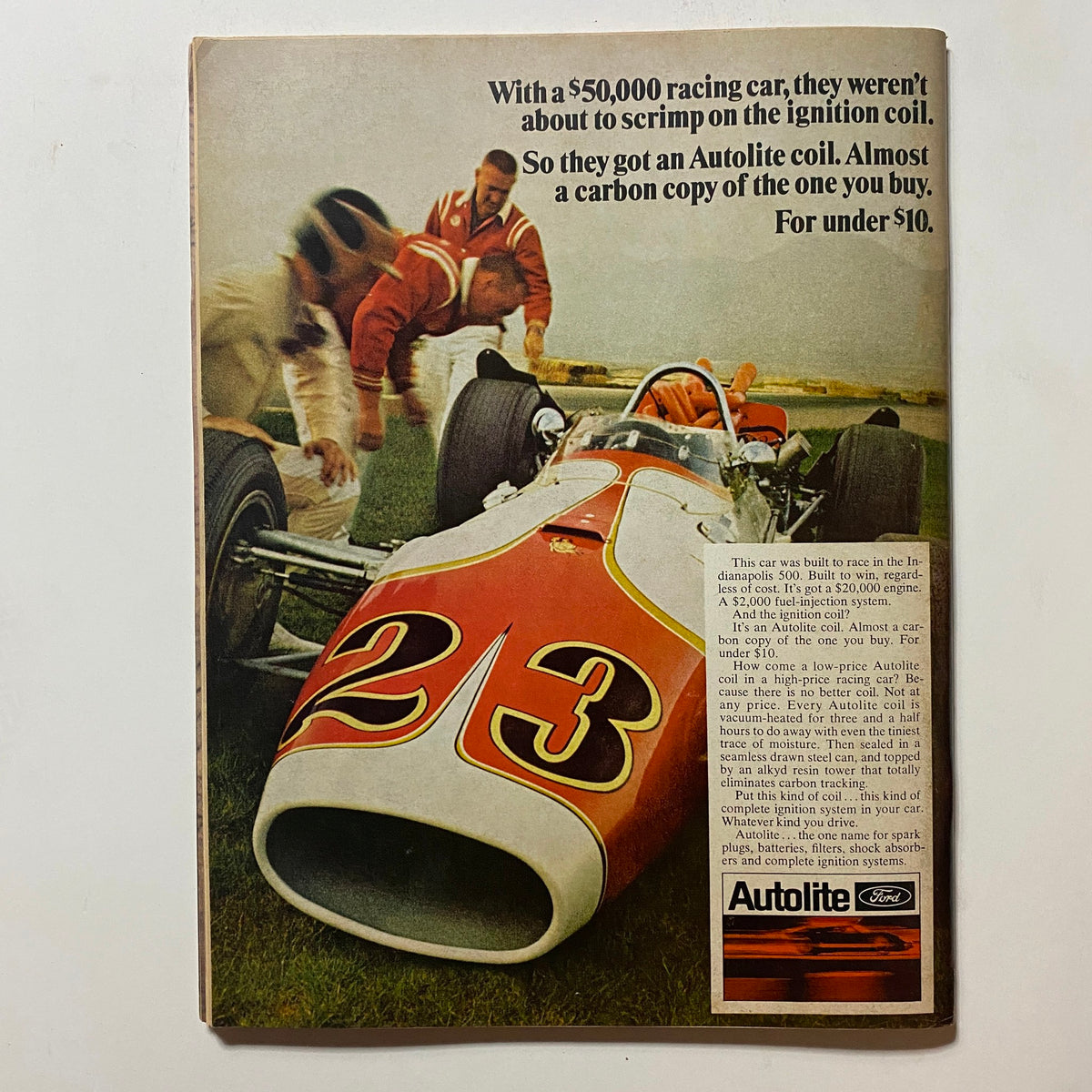 VTG Hot Rod Magazine February 1968 MoPar Clinic featuring a racing car with number 23 and Autolite coil advertisement on the cover, highlighting the significance of high-quality ignition technology in racing.