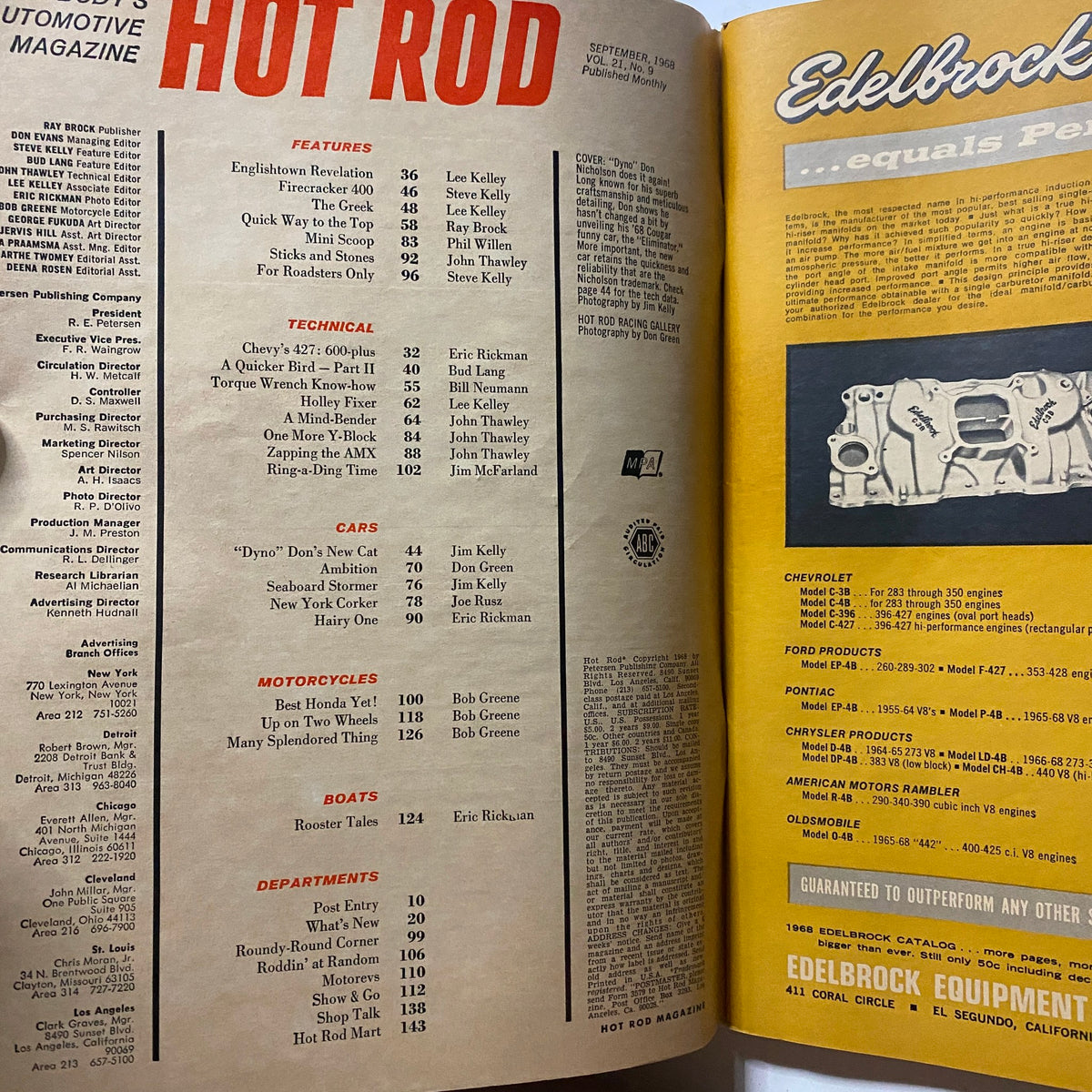 Inside page of VTG Hot Rod Magazine September 1968 displaying the magazine's table of contents with various articles on automotive topics.