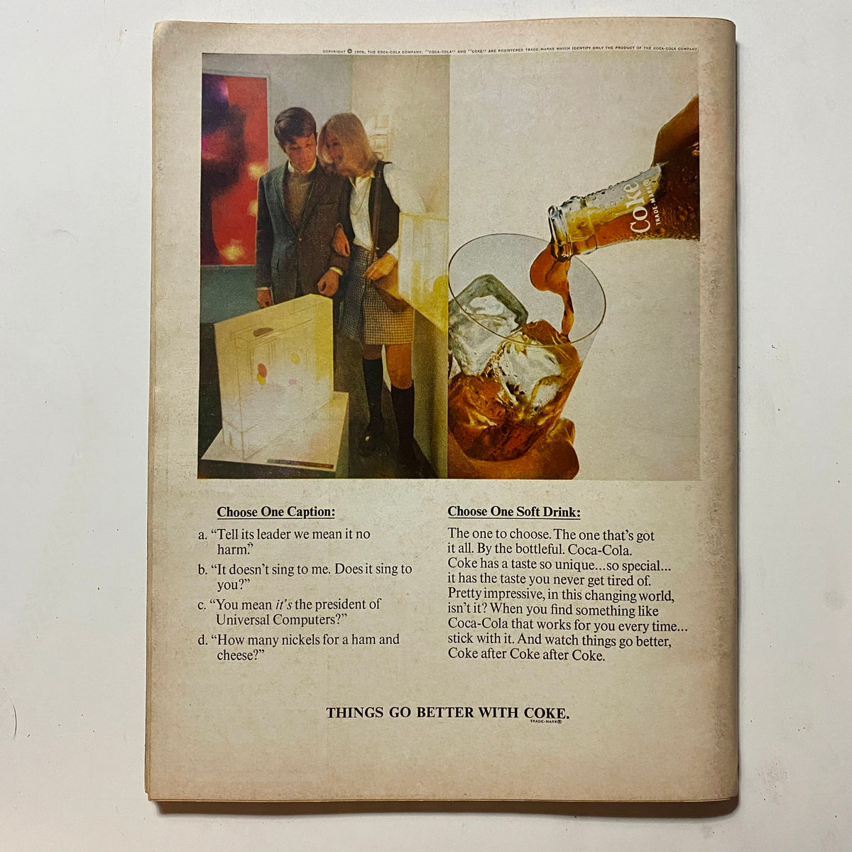 Back cover of VTG Hot Rod Magazine September 1968 featuring a Coca-Cola advertisement with a nostalgic design and playful captions.