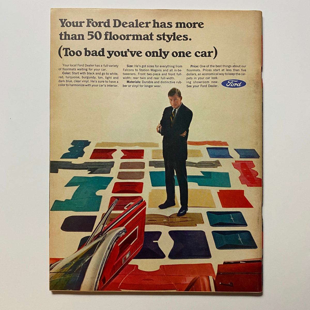 Back cover of VTG Hot Rod Magazine October 1966 advertising Ford floor mats, highlighting a colorful variety of styles available with a vintage aesthetic.