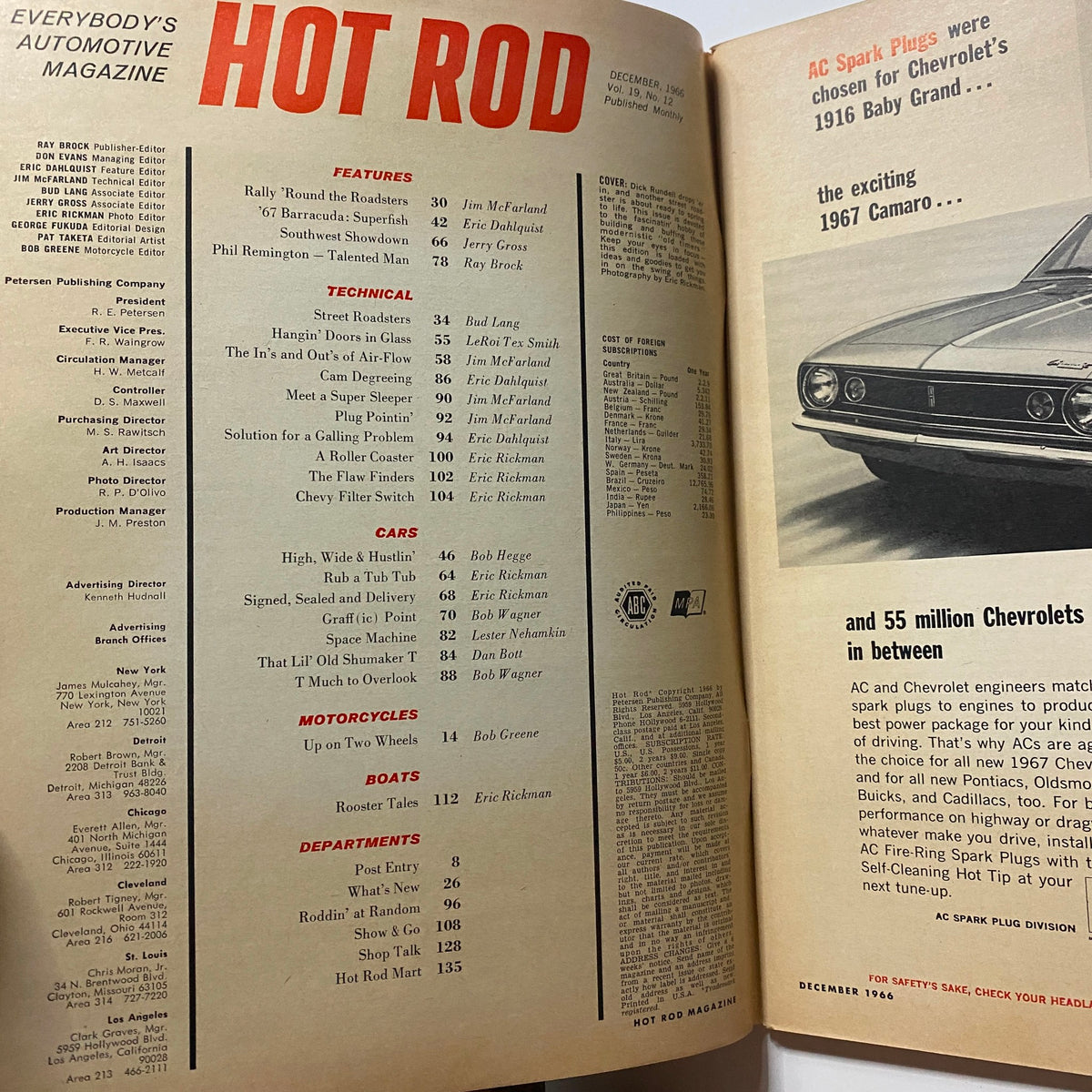Inside page of VTG Hot Rod Magazine December 1966, displaying the table of contents and features, emphasizing the focus on muscle cars and automotive technical articles.